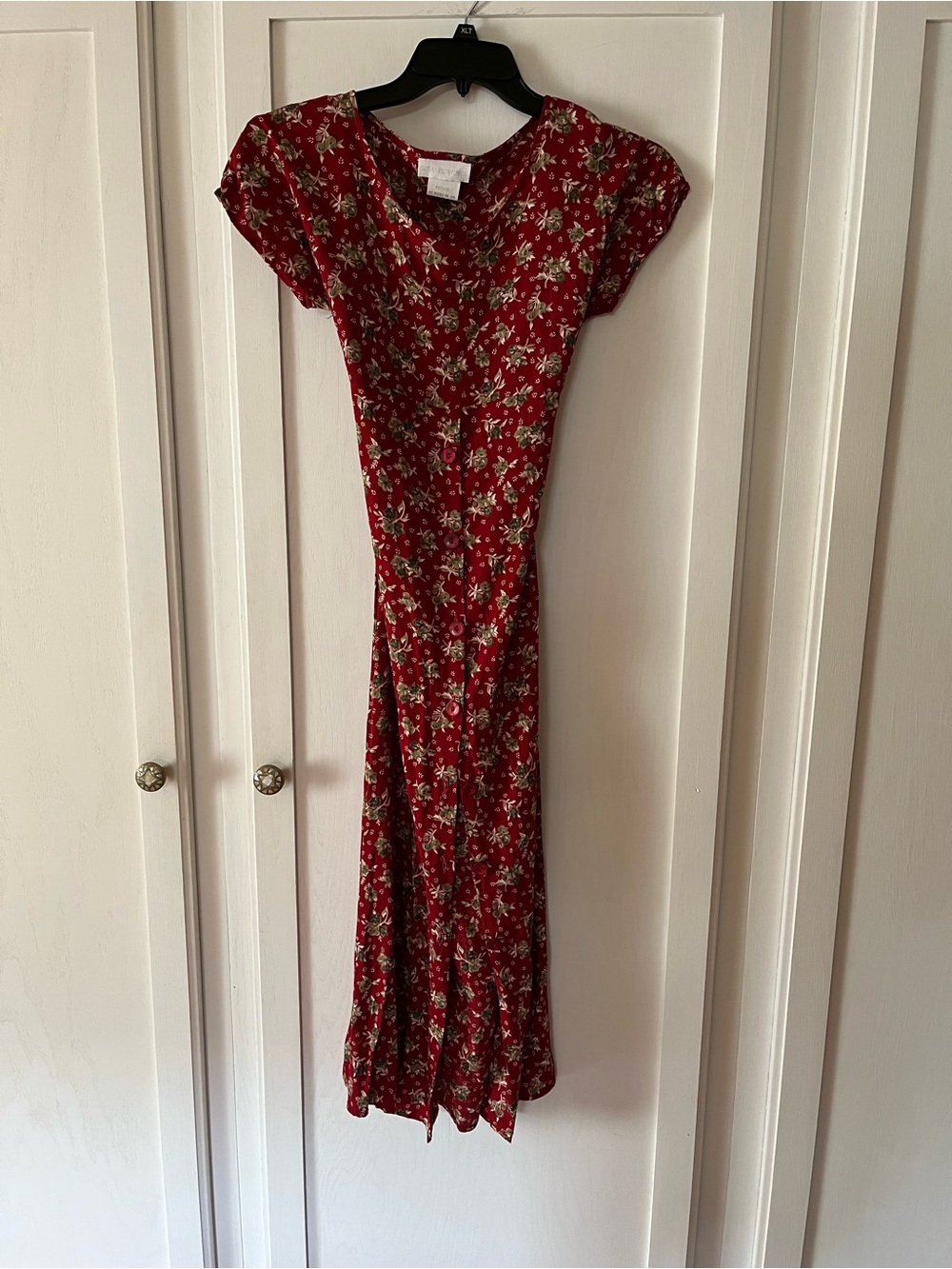 VTG 90s Susan Burrowes Red Floral Maxi Dress Partial Button-Up